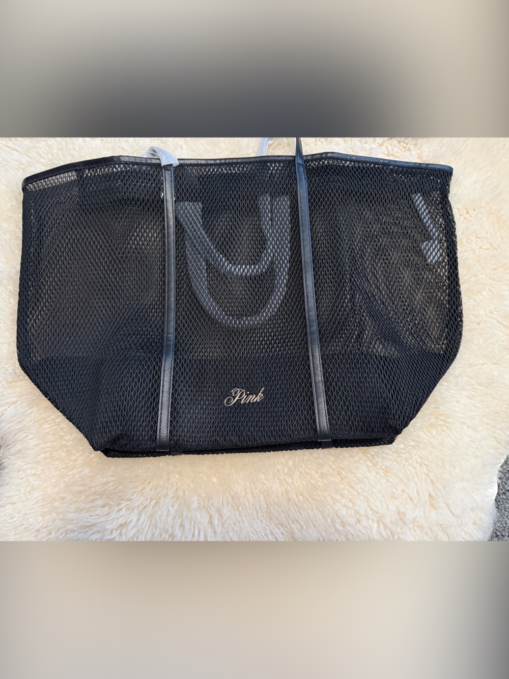 NWT Pink By Victoria Secret Black Mesh Tote Bag with Script Logo